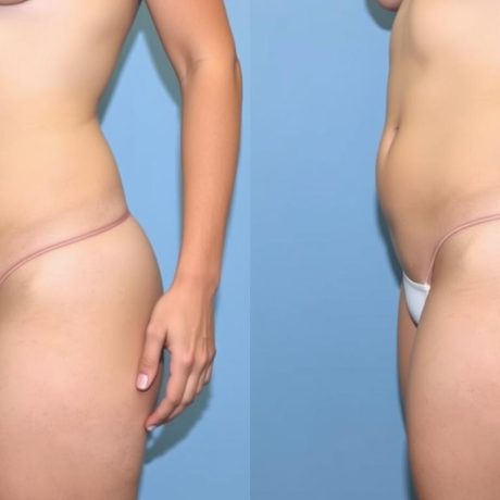 Before and after tummy tuck surgery showing flatter abdomen with improved contour