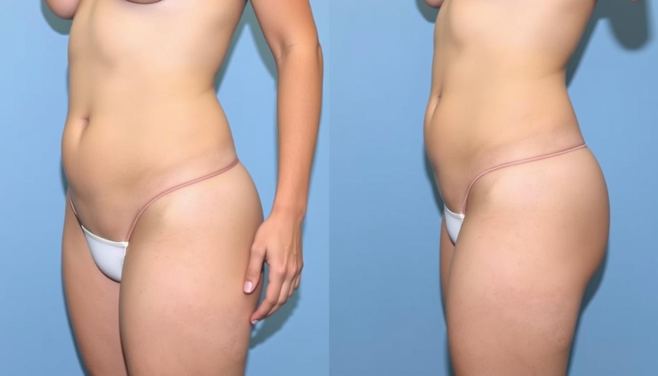 Before and after tummy tuck surgery showing flatter abdomen with improved contour