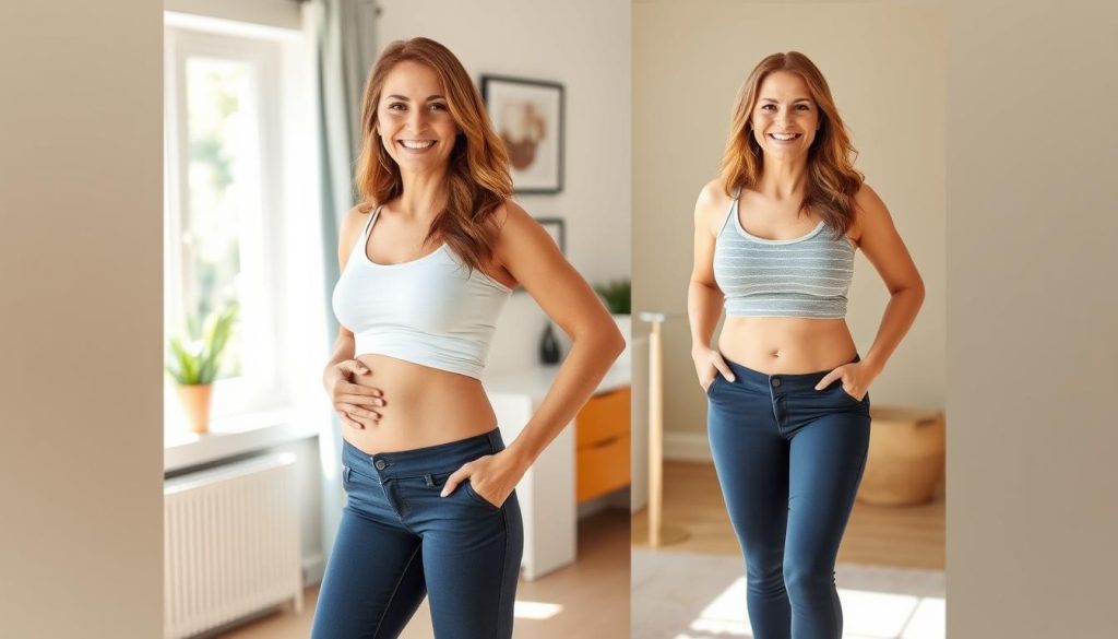 Happy patient six months after successful tummy tuck surgery