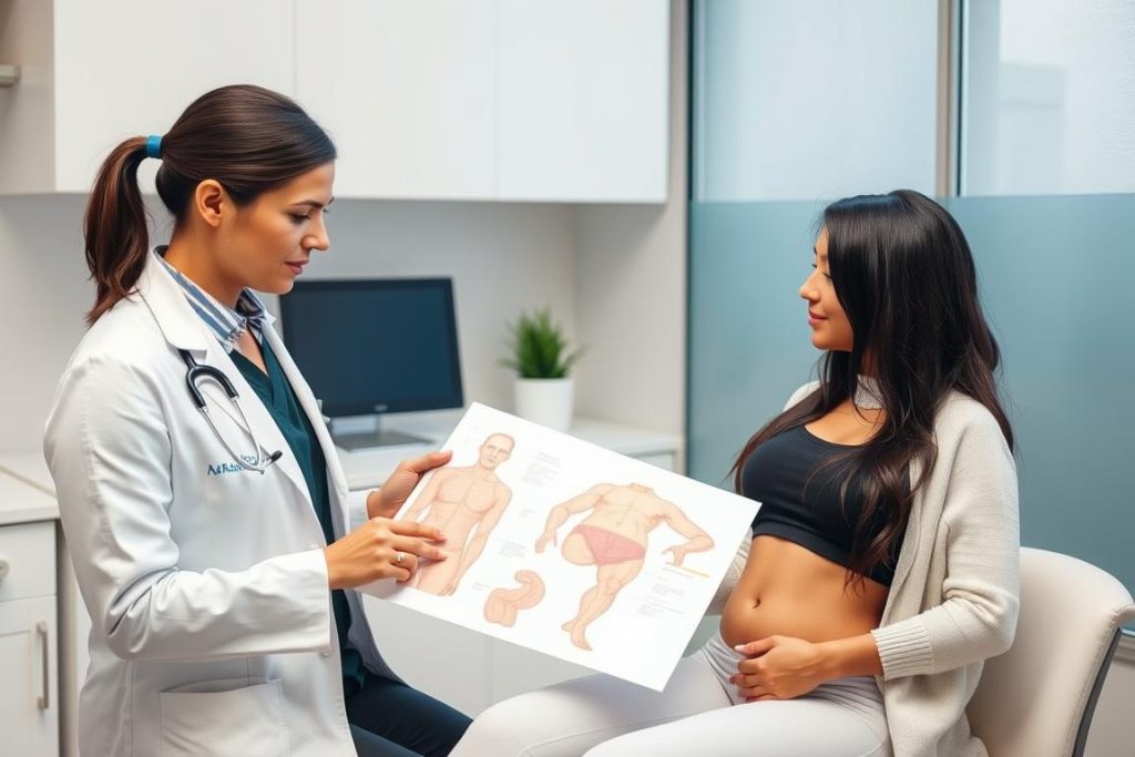 Qualified plastic surgeon reviewing tummy tuck procedure with patient