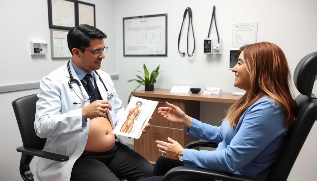 Surgeon consulting with patient about tummy tuck benefits and risks