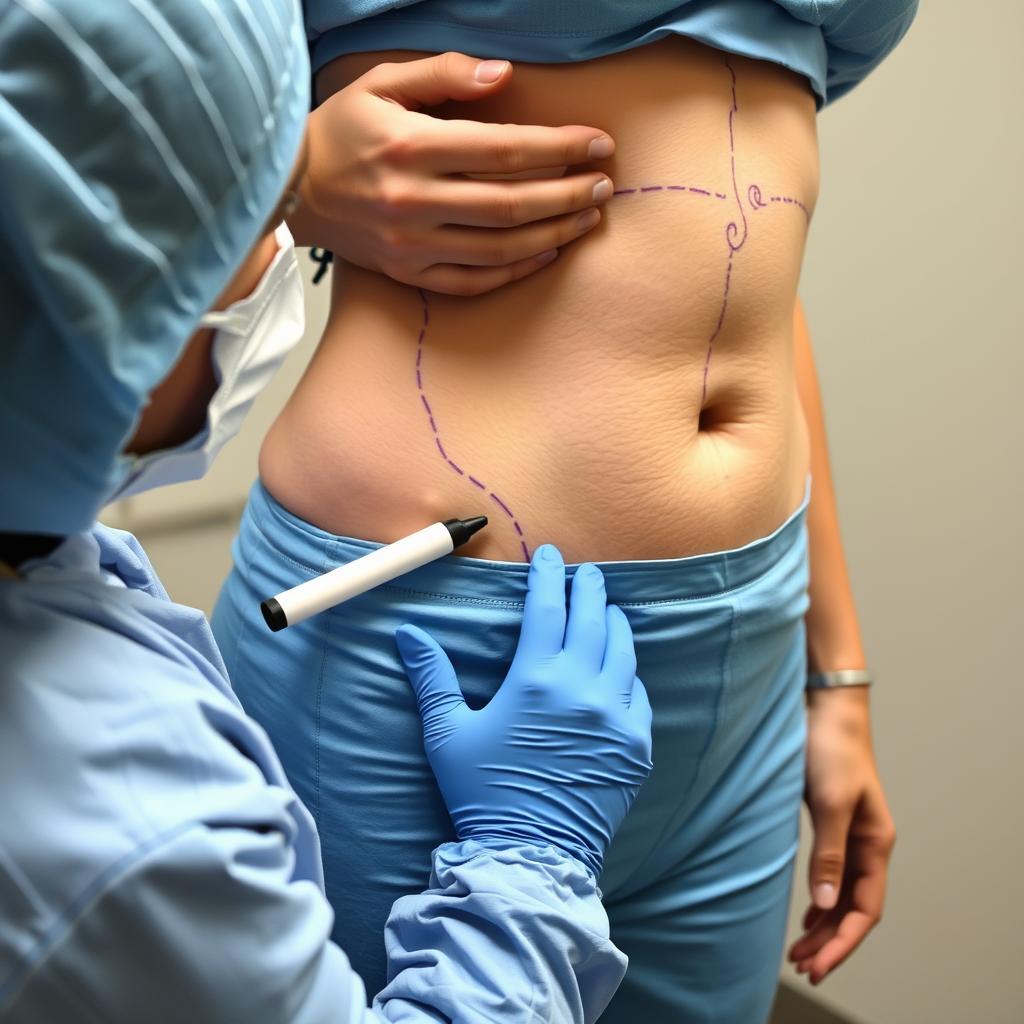 Surgeon marking abdomen before tummy tuck procedure